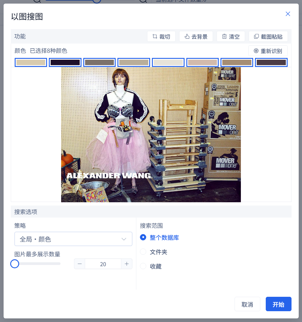 颜色策略识别同一张时尚参考图的主色，并允许选择参与搜索的颜色