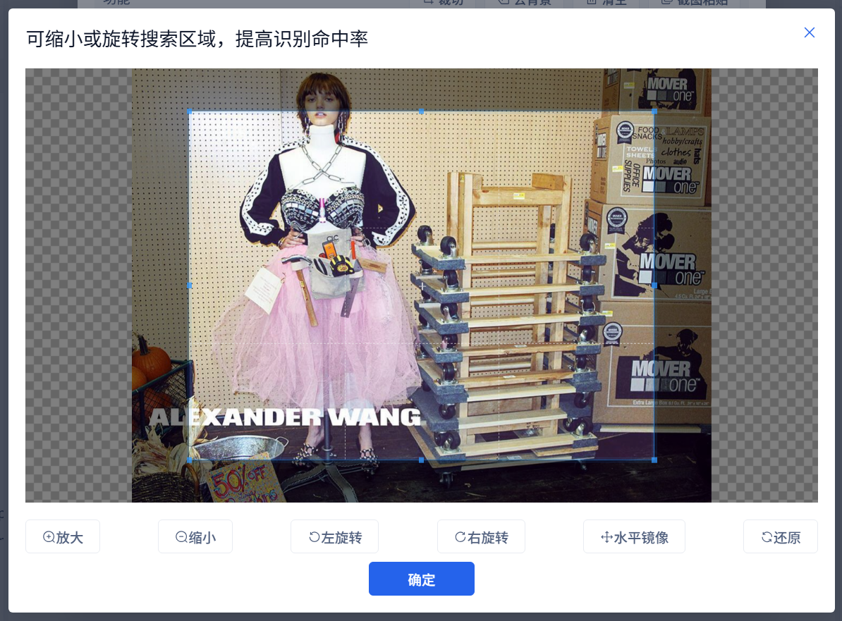在同一张时尚参考图上拖动裁切框，只保留真正参与搜索的主体或细节